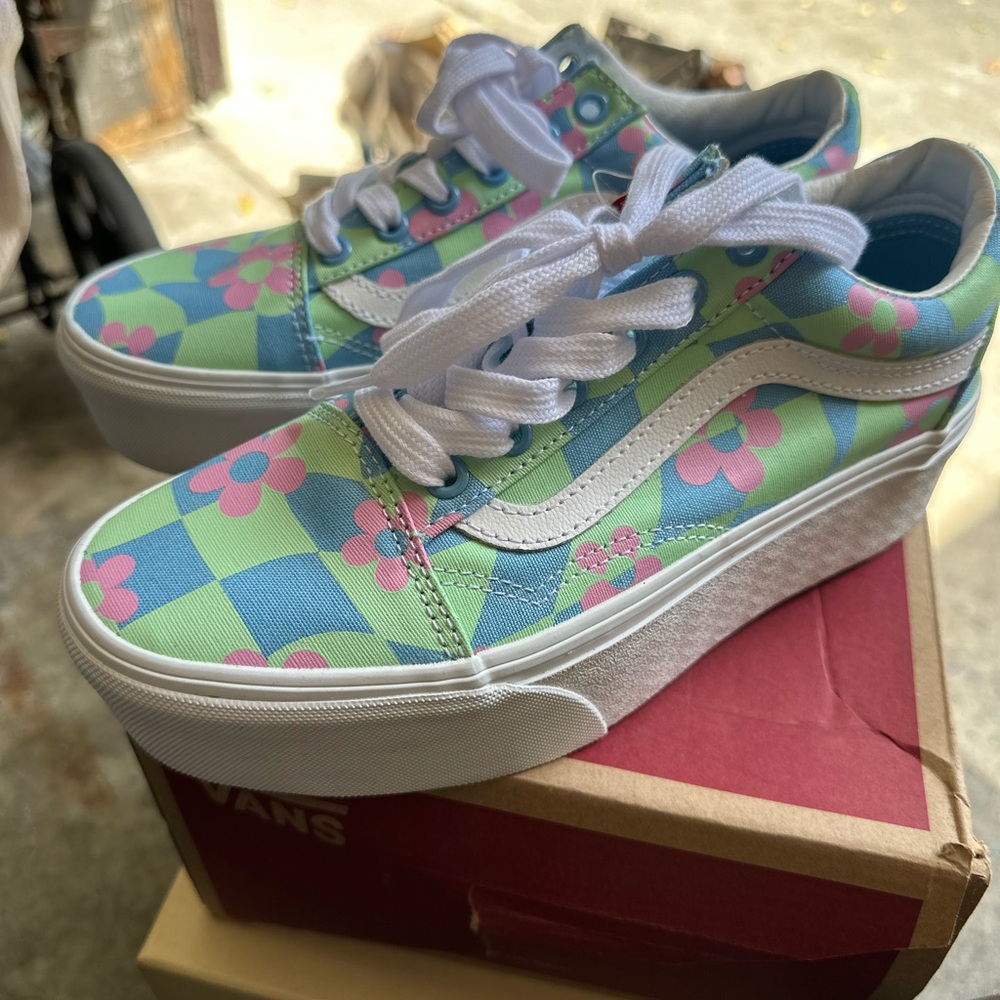 Vans Green and Pink Floral Checkered Sneakers